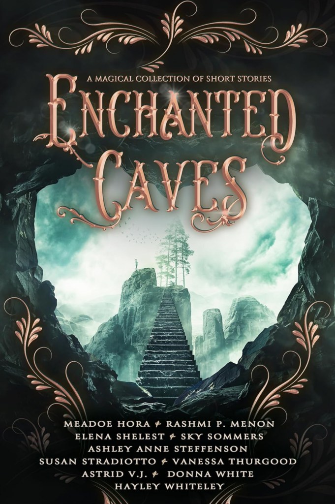 Cover image for 'Enchanted Caves', a magical collection of short stories featuring an illustrated staircase leading into mysterious rocky terrain, surrounded by whimsical floral designs.