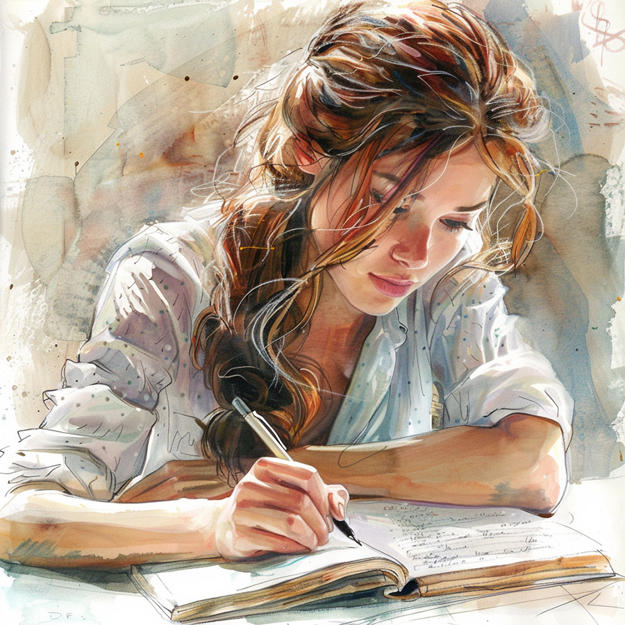 digital water color painting of a girl writing on paper