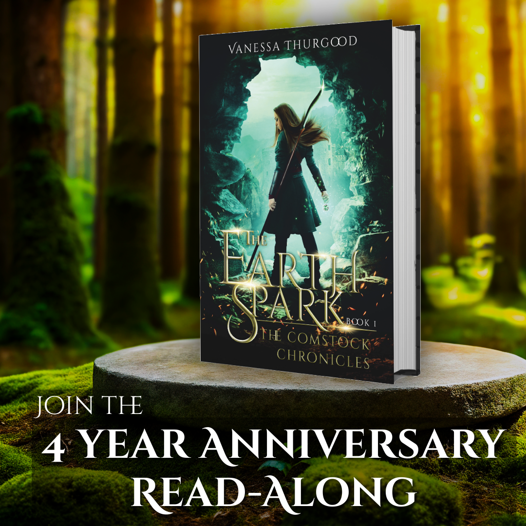 The hardcover version of The Earthspark on a stone slab with the words, join the 4 year anniversary read-along.