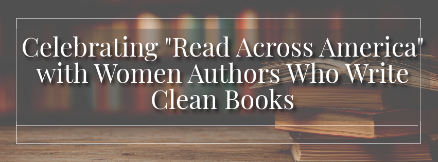 Blog post cover: Celebrating women authors who write clean books text, overlay on an image of a stack of books in a library.