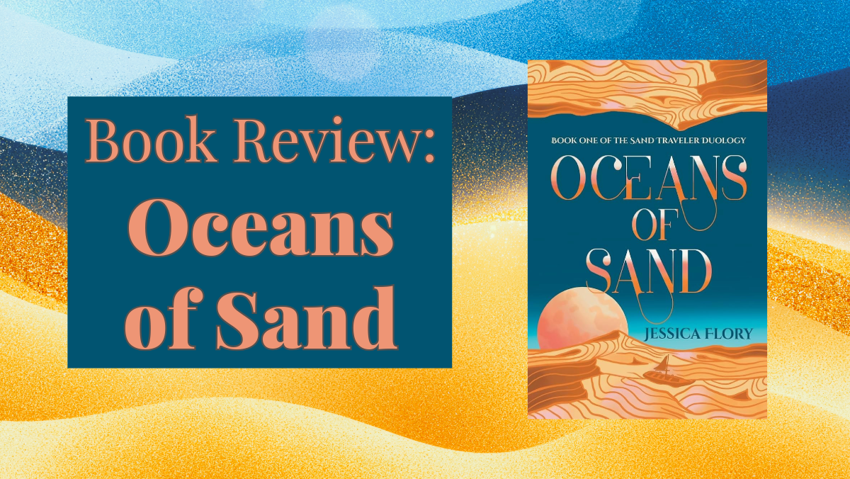 Background of sand and blue sky. Text: Book review: Ocean of Sands with book cover